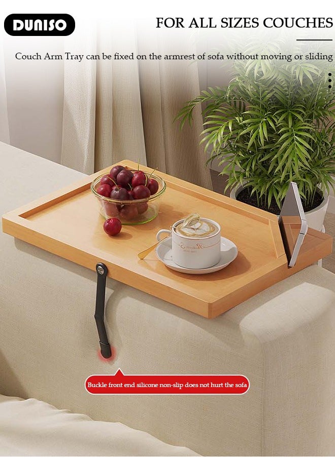 DUNISO - Bamboo Sofa Armrest Tray, Foldable Armrest Tray for Small Spaces, Portable Couch Armrest Table with Phone Holder, Sofa Tray Table Clip for Wide Couches, TV Table and Side Tables for Eating Drinks Snacks Remote Control - Image 1
