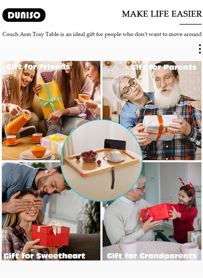 DUNISO - Bamboo Sofa Armrest Tray, Foldable Armrest Tray for Small Spaces, Portable Couch Armrest Table with Phone Holder, Sofa Tray Table Clip for Wide Couches, TV Table and Side Tables for Eating Drinks Snacks Remote Control - Image 1