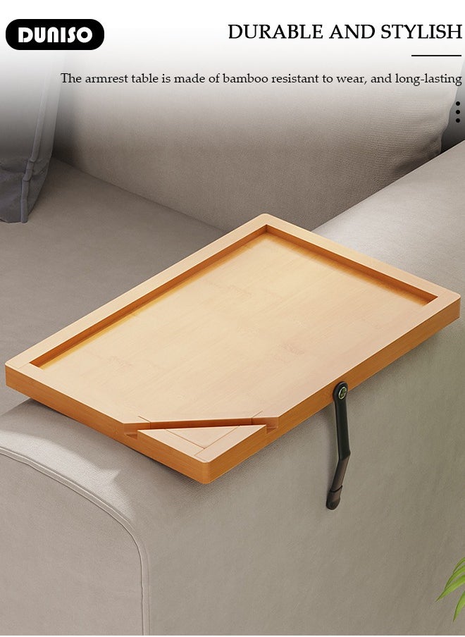 DUNISO - Bamboo Sofa Armrest Tray, Foldable Armrest Tray for Small Spaces, Portable Couch Armrest Table with Phone Holder, Sofa Tray Table Clip for Wide Couches, TV Table and Side Tables for Eating Drinks Snacks Remote Control - Image 1