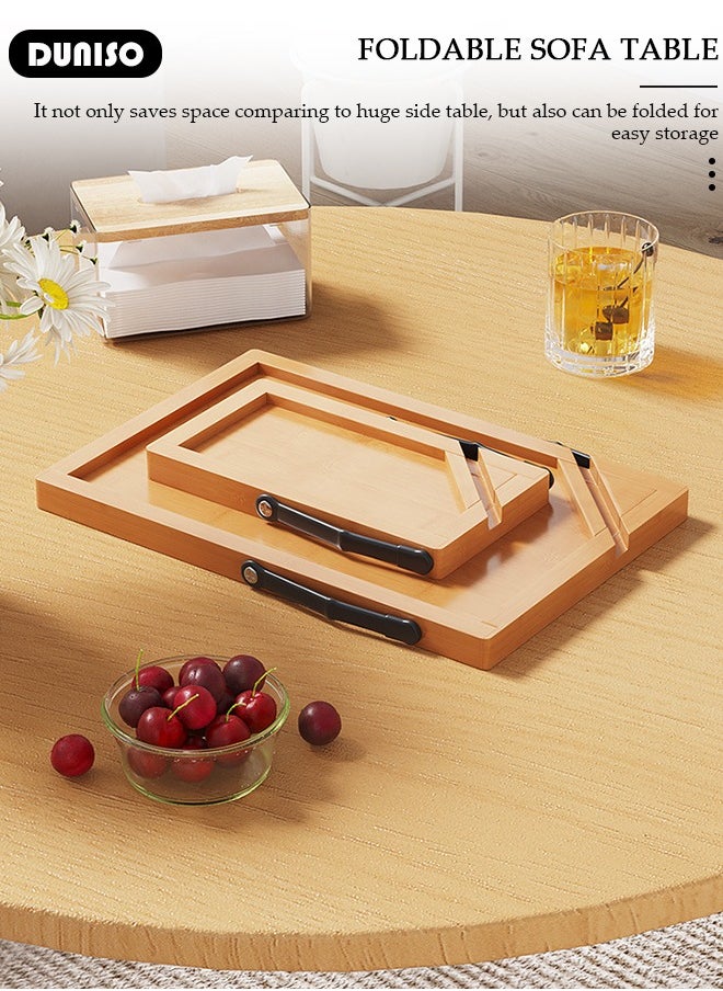 DUNISO - Bamboo Sofa Armrest Tray, Foldable Armrest Tray for Small Spaces, Portable Couch Armrest Table with Phone Holder, Sofa Tray Table Clip for Wide Couches, TV Table and Side Tables for Eating Drinks Snacks Remote Control - Image 1