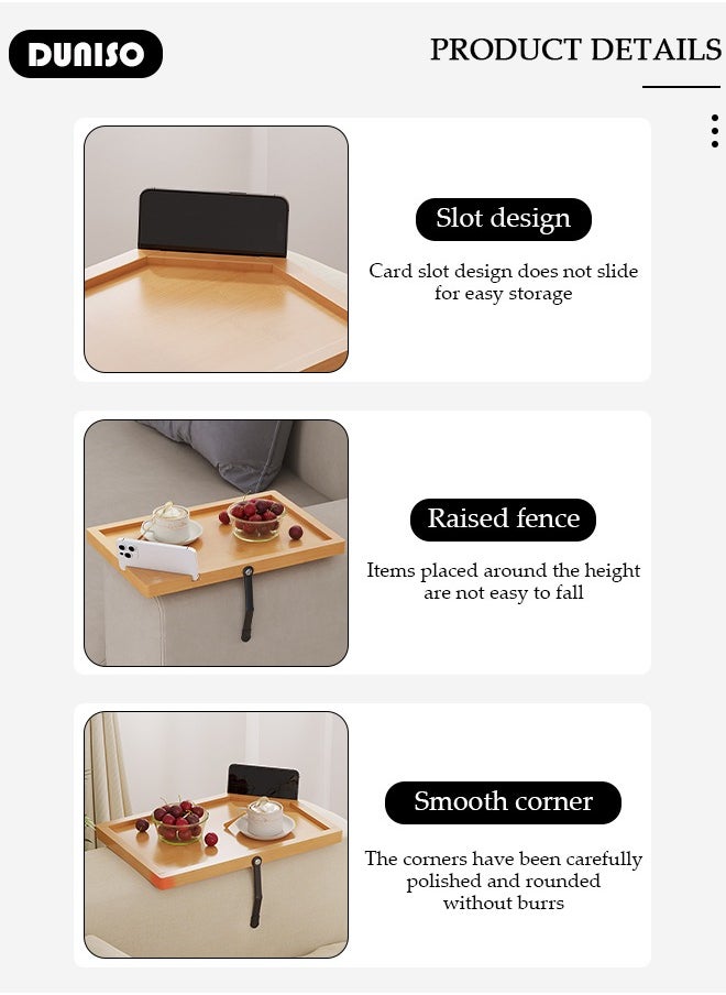 DUNISO - Bamboo Sofa Armrest Tray, Foldable Armrest Tray for Small Spaces, Portable Couch Armrest Table with Phone Holder, Sofa Tray Table Clip for Wide Couches, TV Table and Side Tables for Eating Drinks Snacks Remote Control - Image 1