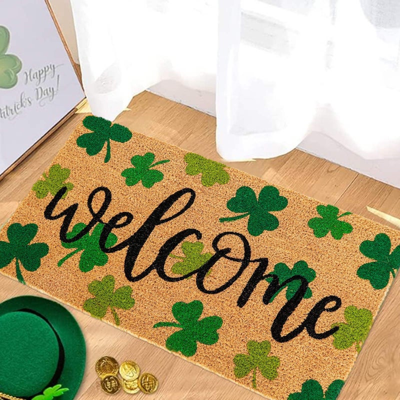 Whaline St. Patrick's Day Natural Coir Door Mat Gradient Green Shamrock Pattern Welcome Mat Non-Slip Lucky Clover Entrance Door Rugs for Indoor Outdoor Home Bathroom Decor, 16.5 x 29 Inch - Image 3