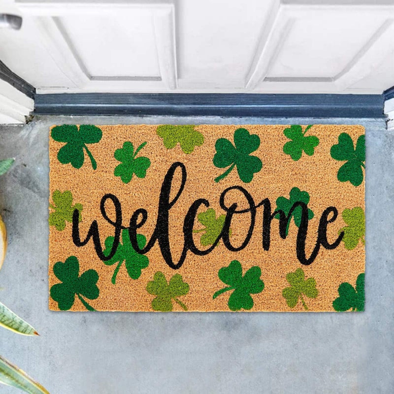 Whaline St. Patrick's Day Natural Coir Door Mat Gradient Green Shamrock Pattern Welcome Mat Non-Slip Lucky Clover Entrance Door Rugs for Indoor Outdoor Home Bathroom Decor, 16.5 x 29 Inch - Image 5
