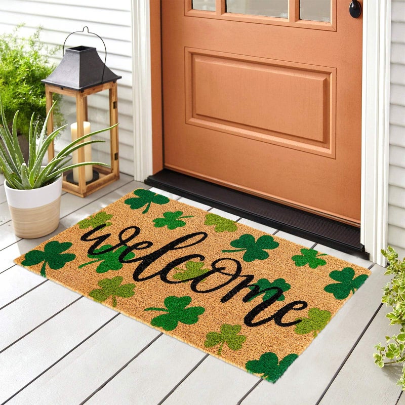 Whaline St. Patrick's Day Natural Coir Door Mat Gradient Green Shamrock Pattern Welcome Mat Non-Slip Lucky Clover Entrance Door Rugs for Indoor Outdoor Home Bathroom Decor, 16.5 x 29 Inch - Image 4