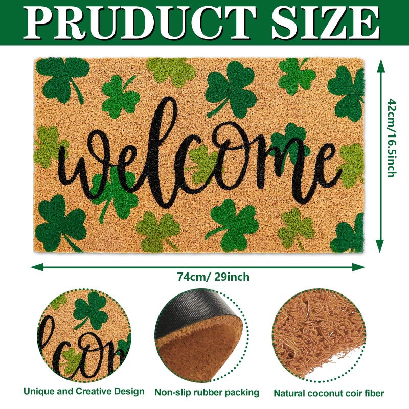 Whaline St. Patrick's Day Natural Coir Door Mat Gradient Green Shamrock Pattern Welcome Mat Non-Slip Lucky Clover Entrance Door Rugs for Indoor Outdoor Home Bathroom Decor, 16.5 x 29 Inch - Image 2