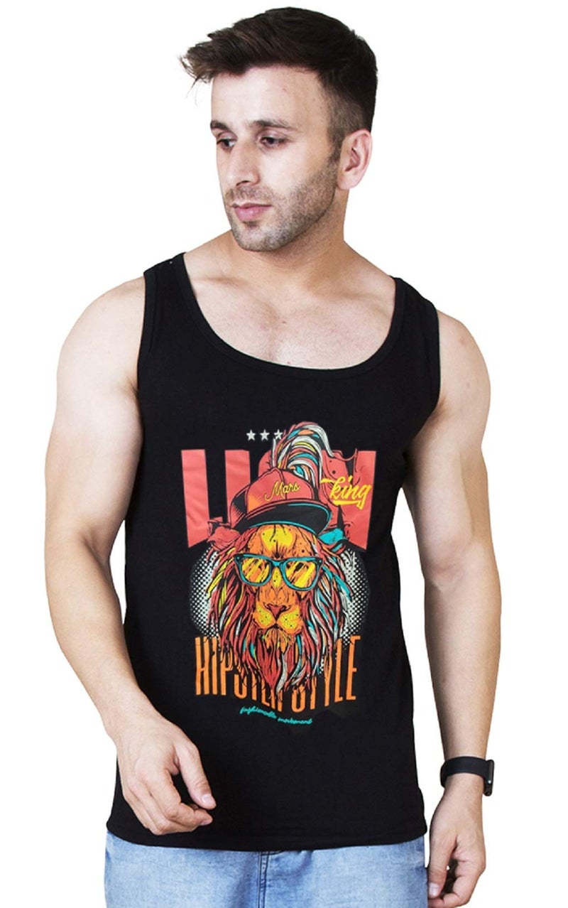 Veirdo Men's Cotton Regular Fit Sleeveless T-Shirt (VST_G4_Lion_BLK_L_Muliblack_Large) - Image 1