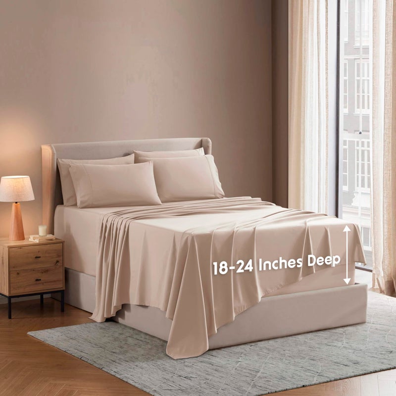 Nestl Extra Deep King Sheet Set - 6 Piece Breathable & Cooling Sheets - Hotel Luxury Bedding Set w/18-24 Inch Deep Pockets - Easy & Secure Fit - Super Soft, Wrinkle Free & Comfy - Beige Cream - Image 1
