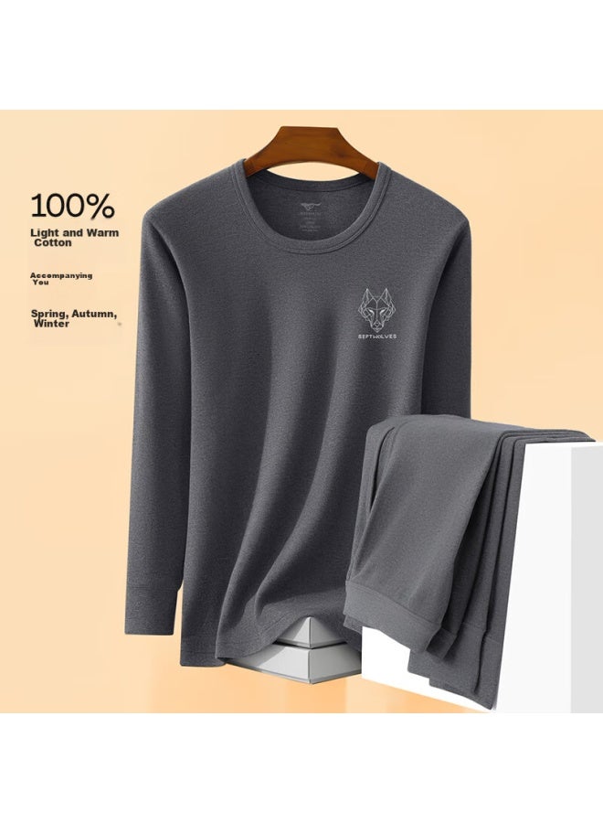 Septwolves Thermal Underwear For Men, Autumn And Winter Cotton And Wool Underwear Set, Round Neck, Dark Gray - Image 3