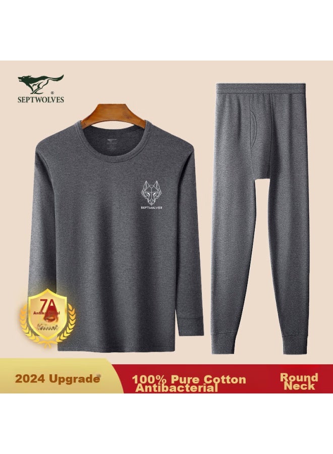 Septwolves Thermal Underwear For Men, Autumn And Winter Cotton And Wool Underwear Set, Round Neck, Dark Gray - Image 1