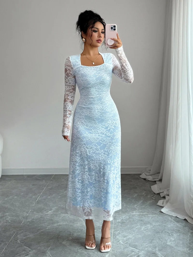 Outzidr  Blue Full Sleeve Square Neck Lace Dress for Women | Best Price UAE