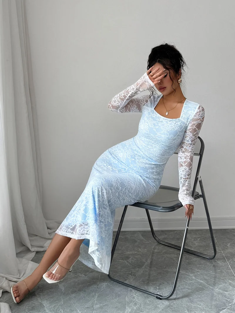 Outzidr  Blue Full Sleeve Square Neck Lace Dress for Women | Best Price UAE