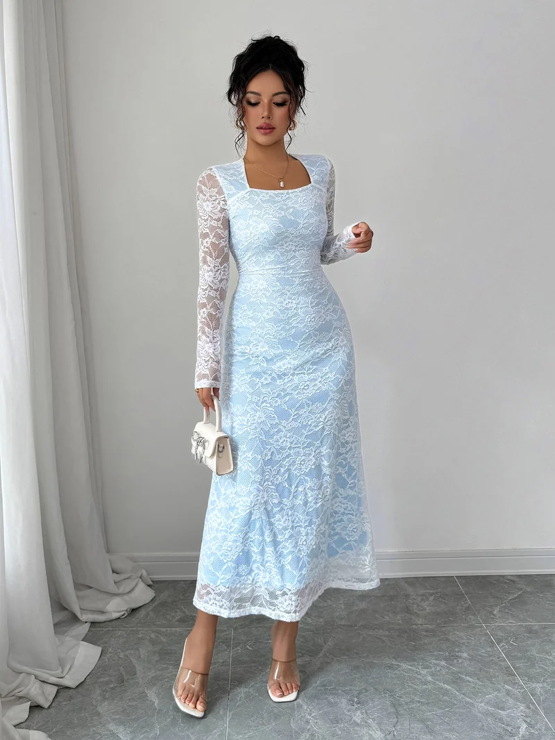 Outzidr  Blue Full Sleeve Square Neck Lace Dress for Women | Best Price UAE