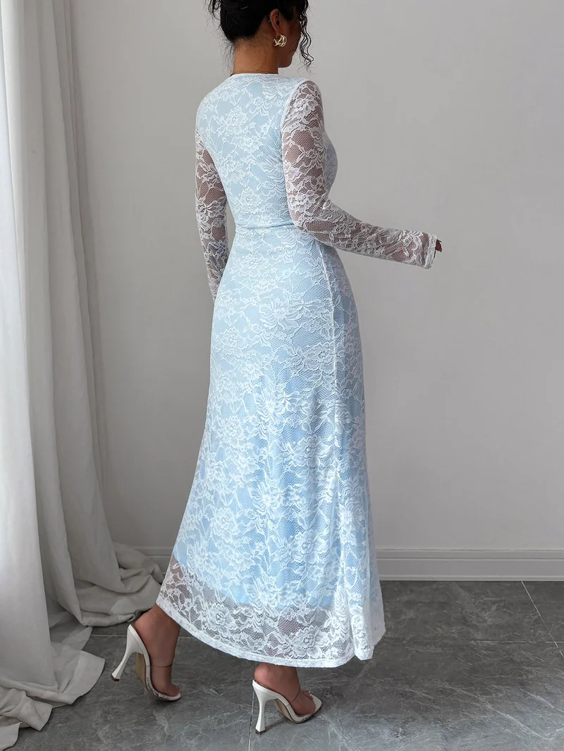 أوجيدر Blue Full Sleeve Square Neck Lace Dress
