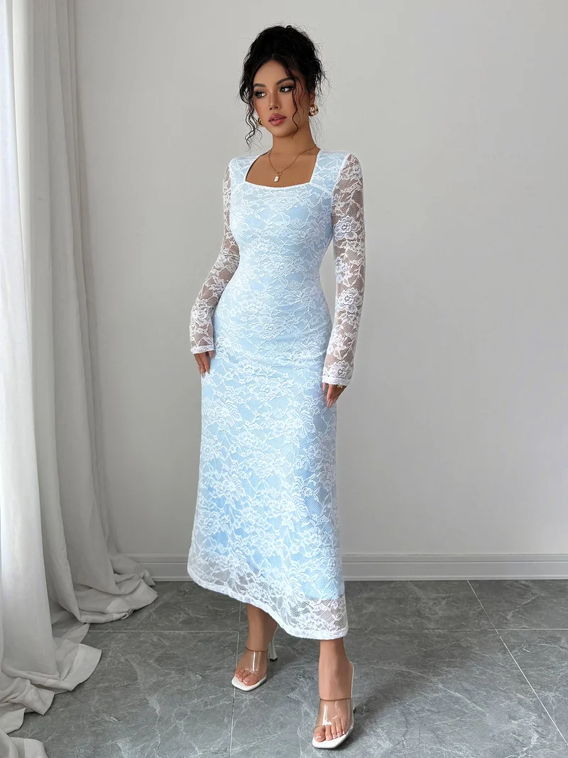 أوجيدر Blue Full Sleeve Square Neck Lace Dress