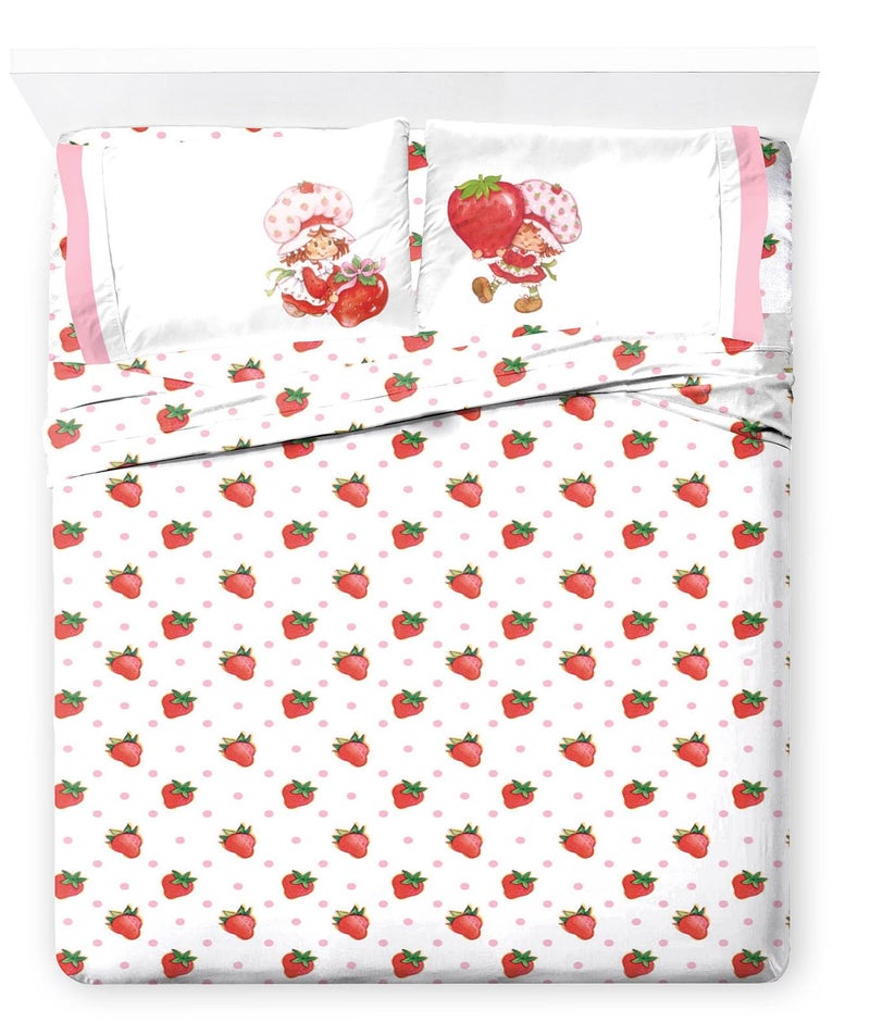 Jay Franco Kids Sheet Set with Fitted Flat Sheets  Pillow Cover  UltraSoft Bedding with Pillowcase for Room Decor White  Strawberry Shortcake 4 Piece Full