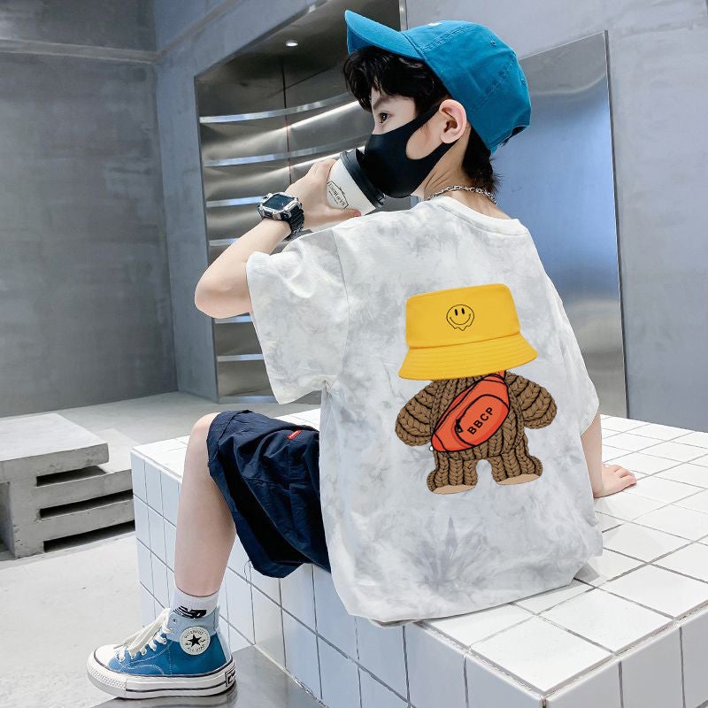 Boys' Cotton Short-sleeved T-shirt 2025 New Loose Tie-dyed Casual Korean T-shirt Trendy T-shirt - Image 1