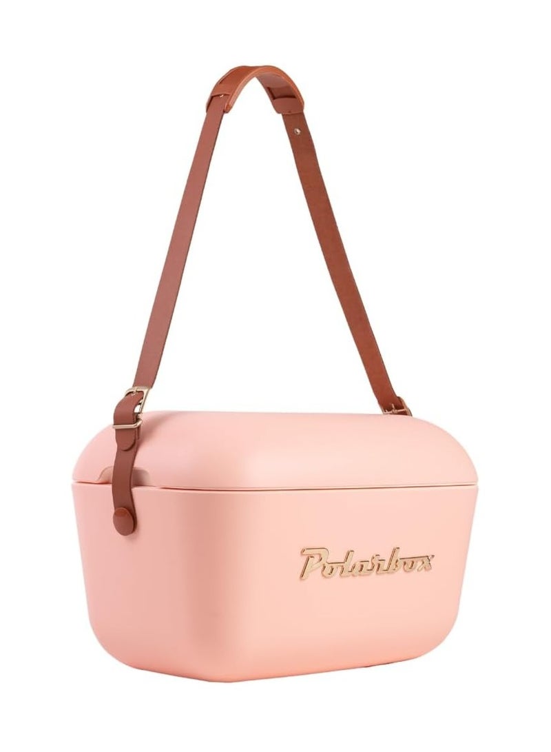 Polarbox Polarbox 12L Gold Cooler Box – Coral | Retro Insulated Ice Box with Leather Strap | Stylish Thermal Picnic & Beach Cooler  - Image 1