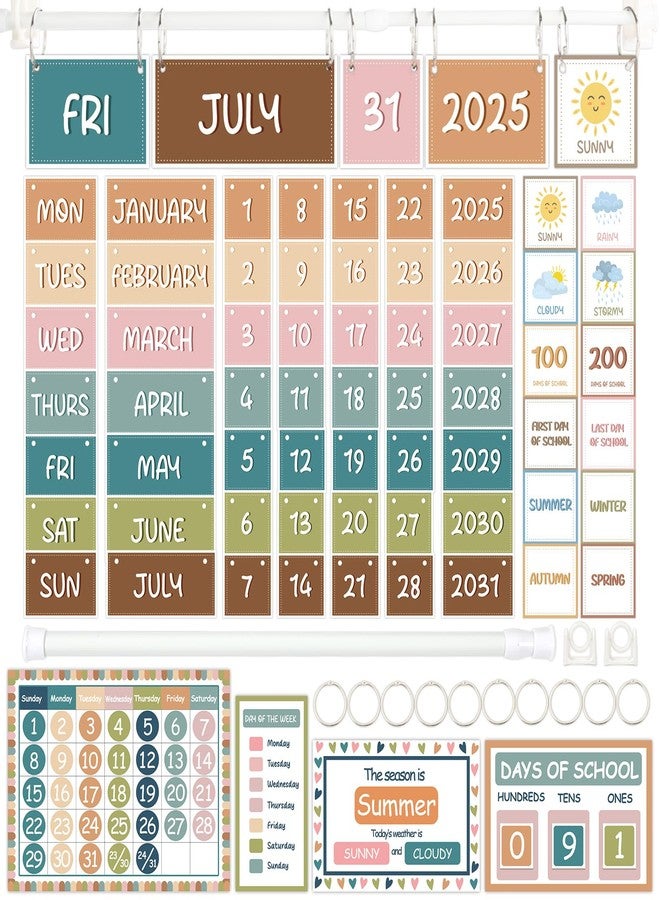 Oitnlaughter Flip Calendar for Classroom Boho Bulletin Board Set Back to School Classroom Decorations Boho Rainbow Hanging Flip Calendar Adjustable Holder Seasons Weather Days Week Chart for Teacher Elementary Preschool Supplies - Image 1