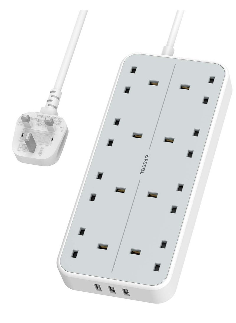 تيسان سلك تمديد بثلاث فتحات USB، قابس تمديد TESSAN بثمانية اتجاهات مع كابل بطول 2 متر، مقابس متعددة مثبتة على الحائط بقوة 13 أمبير، منفذ شريط الطاقة، تصنيف الطاقة 3250 وات (بحد أقصى 250 فولت، 13 أمبير)، مصهر داخلي 13 أمبير، مخرج USB A 5 فولت/2.4 أمبير كحد أقصى لكل منفذ، مخرج USB C 5 فولت/3 أمبير (بحد أقصى 3 أمبير)، إجمالي خرج تيار مستمر 15 وات، سلك تمديد أبيض - Image 1