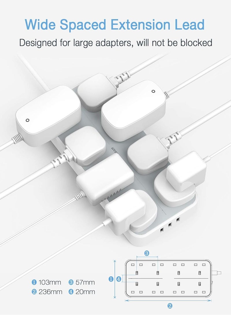 تيسان سلك تمديد بثلاث فتحات USB، قابس تمديد TESSAN بثمانية اتجاهات مع كابل بطول 2 متر، مقابس متعددة مثبتة على الحائط بقوة 13 أمبير، منفذ شريط الطاقة، تصنيف الطاقة 3250 وات (بحد أقصى 250 فولت، 13 أمبير)، مصهر داخلي 13 أمبير، مخرج USB A 5 فولت/2.4 أمبير كحد أقصى لكل منفذ، مخرج USB C 5 فولت/3 أمبير (بحد أقصى 3 أمبير)، إجمالي خرج تيار مستمر 15 وات، سلك تمديد أبيض - Image 2