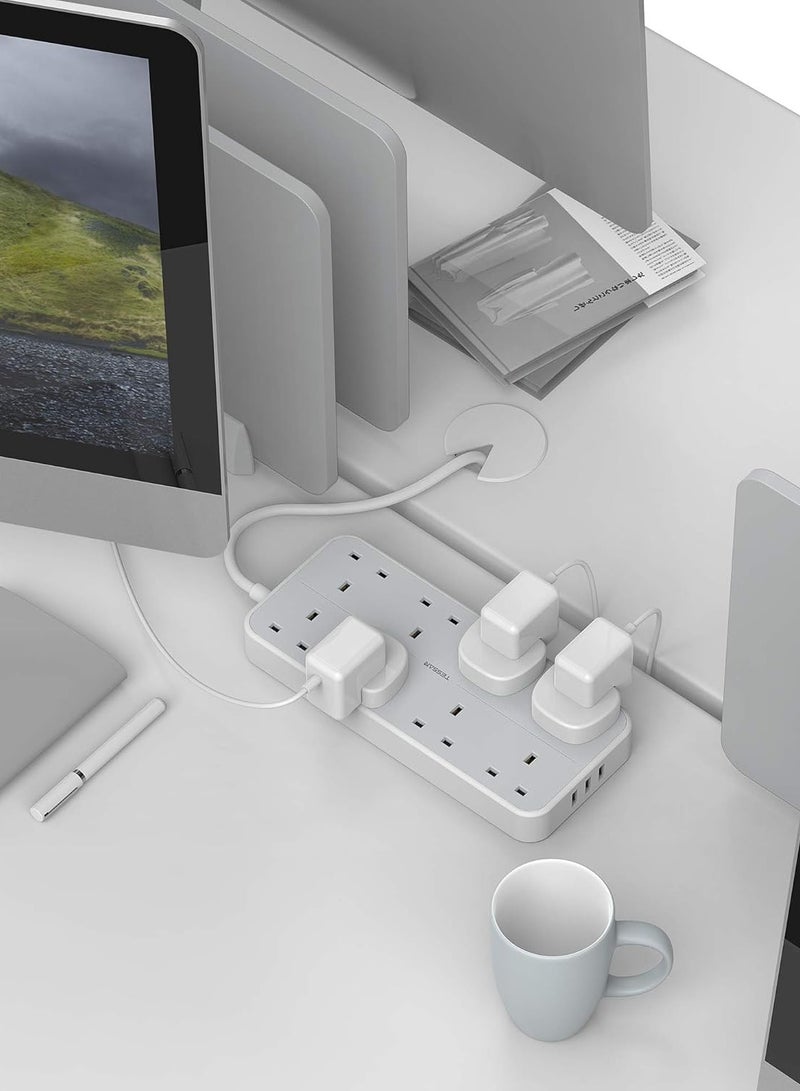 تيسان سلك تمديد بثلاث فتحات USB، قابس تمديد TESSAN بثمانية اتجاهات مع كابل بطول 2 متر، مقابس متعددة مثبتة على الحائط بقوة 13 أمبير، منفذ شريط الطاقة، تصنيف الطاقة 3250 وات (بحد أقصى 250 فولت، 13 أمبير)، مصهر داخلي 13 أمبير، مخرج USB A 5 فولت/2.4 أمبير كحد أقصى لكل منفذ، مخرج USB C 5 فولت/3 أمبير (بحد أقصى 3 أمبير)، إجمالي خرج تيار مستمر 15 وات، سلك تمديد أبيض - Image 5