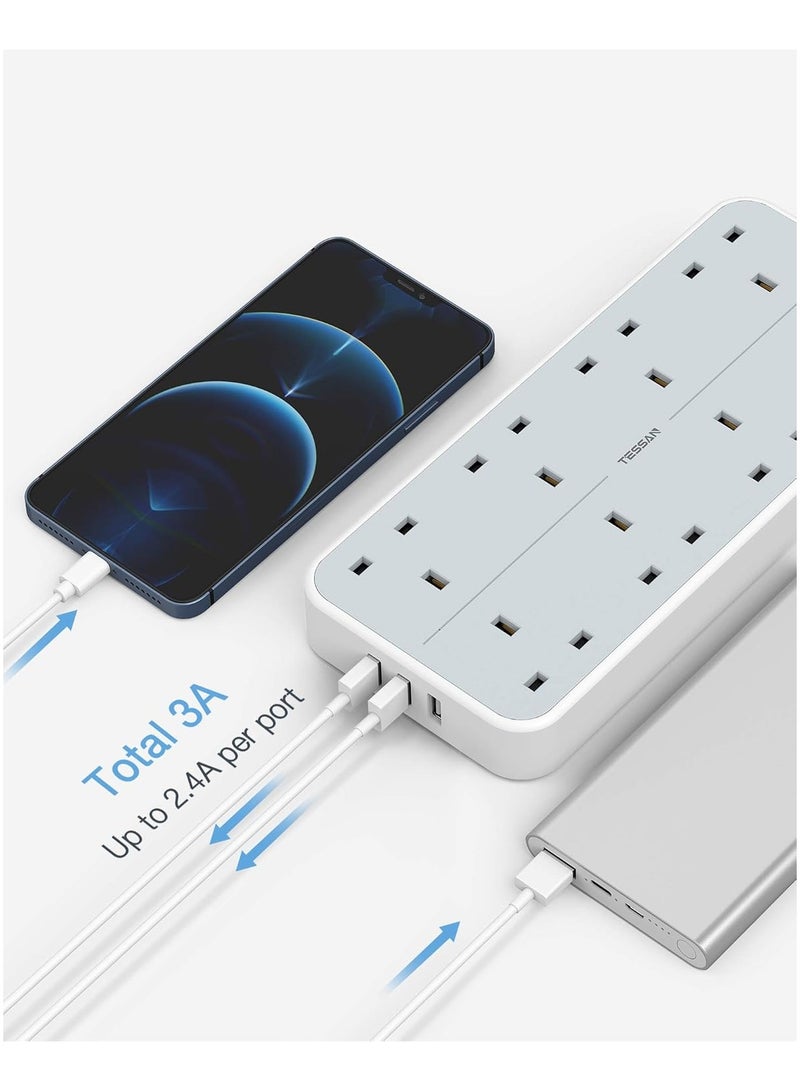 تيسان سلك تمديد بثلاث فتحات USB، قابس تمديد TESSAN بثمانية اتجاهات مع كابل بطول 2 متر، مقابس متعددة مثبتة على الحائط بقوة 13 أمبير، منفذ شريط الطاقة، تصنيف الطاقة 3250 وات (بحد أقصى 250 فولت، 13 أمبير)، مصهر داخلي 13 أمبير، مخرج USB A 5 فولت/2.4 أمبير كحد أقصى لكل منفذ، مخرج USB C 5 فولت/3 أمبير (بحد أقصى 3 أمبير)، إجمالي خرج تيار مستمر 15 وات، سلك تمديد أبيض - Image 3