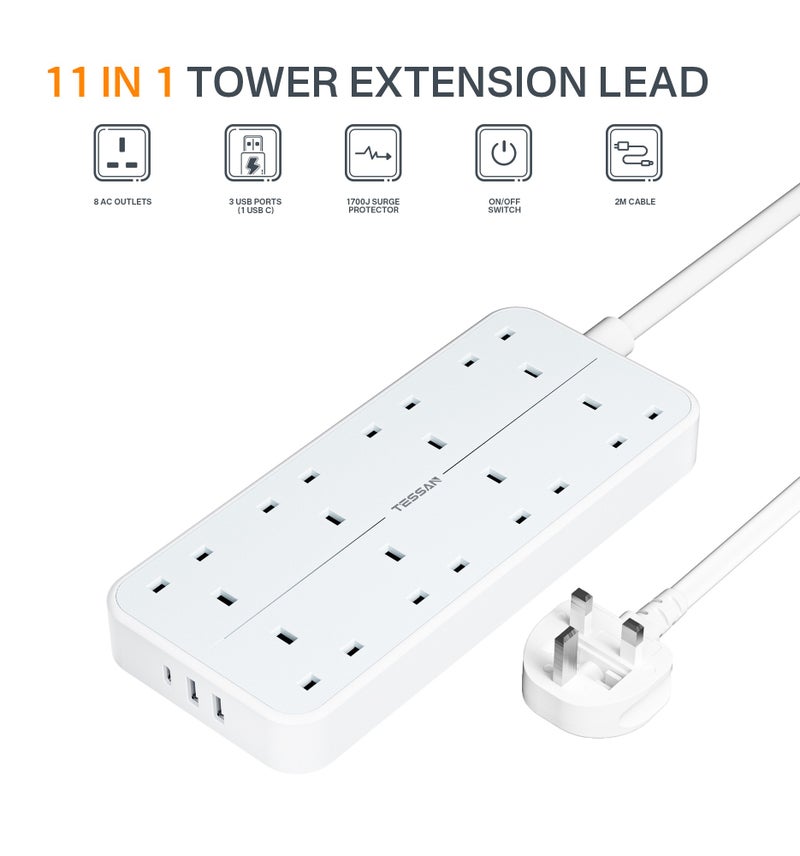 TESSAN Extension Lead With 3 USB Slots, TESSAN 8 Way Extension Plug With 2M Cable, 13A Wall Mounted Multi Plug Sockets, Power Strip Outlet Power Rating 3250W (Max 250V, 13A) Fuse Inside 13A USB A Output 5V/2.4A Max Per Port, USB C Output 5V/3A (MAX 3A), Total DC Output 15W Extension Lead White - Image 4