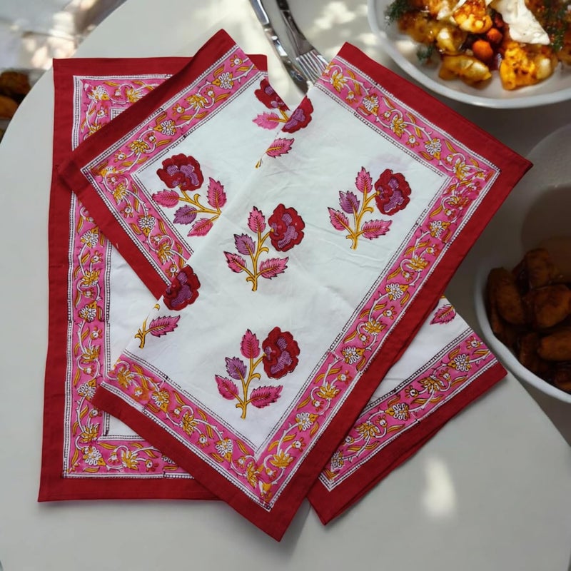 Third Eye Export Cloth Napkins Set of 6  Pink Cotton Floral Dinner Napkins for Table  Reusable Indian Block Print Washable Napkins for Wedding Party Boho Decor Rose Pink Large 18x18 Inches - Image 2