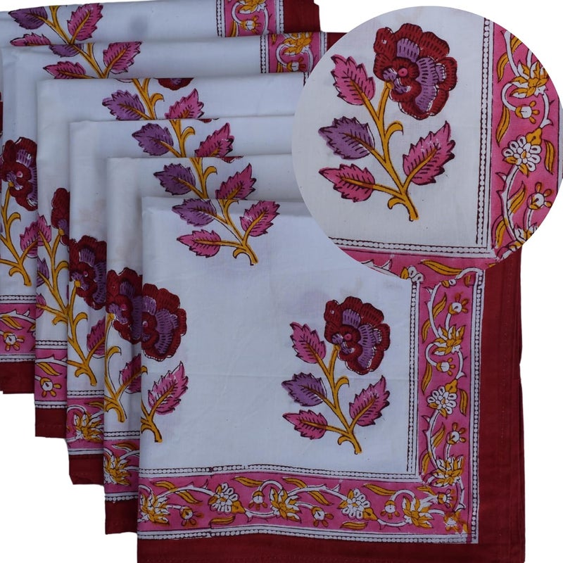 Third Eye Export Cloth Napkins Set of 6  Pink Cotton Floral Dinner Napkins for Table  Reusable Indian Block Print Washable Napkins for Wedding Party Boho Decor Rose Pink Large 18x18 Inches - Image 1