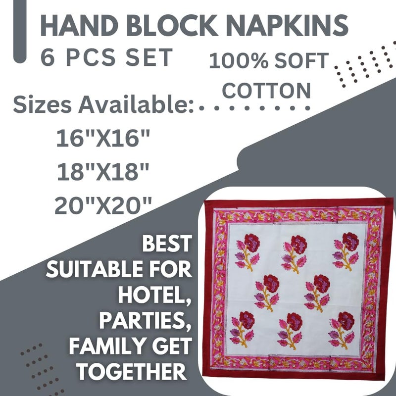 Third Eye Export Cloth Napkins Set of 6  Pink Cotton Floral Dinner Napkins for Table  Reusable Indian Block Print Washable Napkins for Wedding Party Boho Decor Rose Pink Large 18x18 Inches - Image 5
