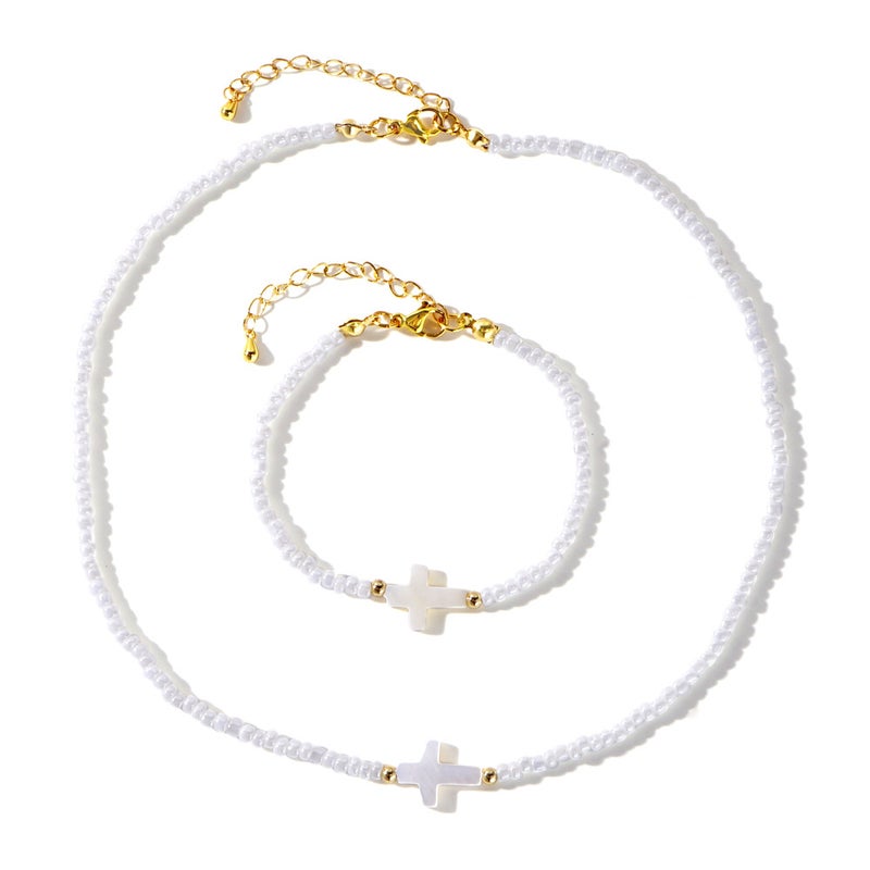 Foreign Trade Specializes in Beach Vacation Style Fashionable Copper Beads Shell Cross White Rice Beads Womens Bracelet Necklace Set GZ-S24042701A