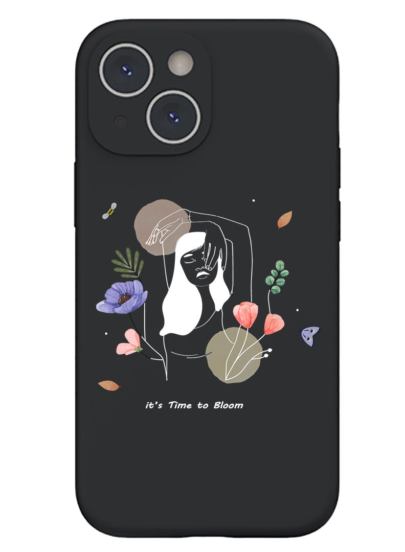 Theodor Protective Slim Fit Case Liquid Silicone Cover with Full Body Protection Anti-Scratch Shockproof Case For iPhone 15 Black  - BTS floral B - Image 1
