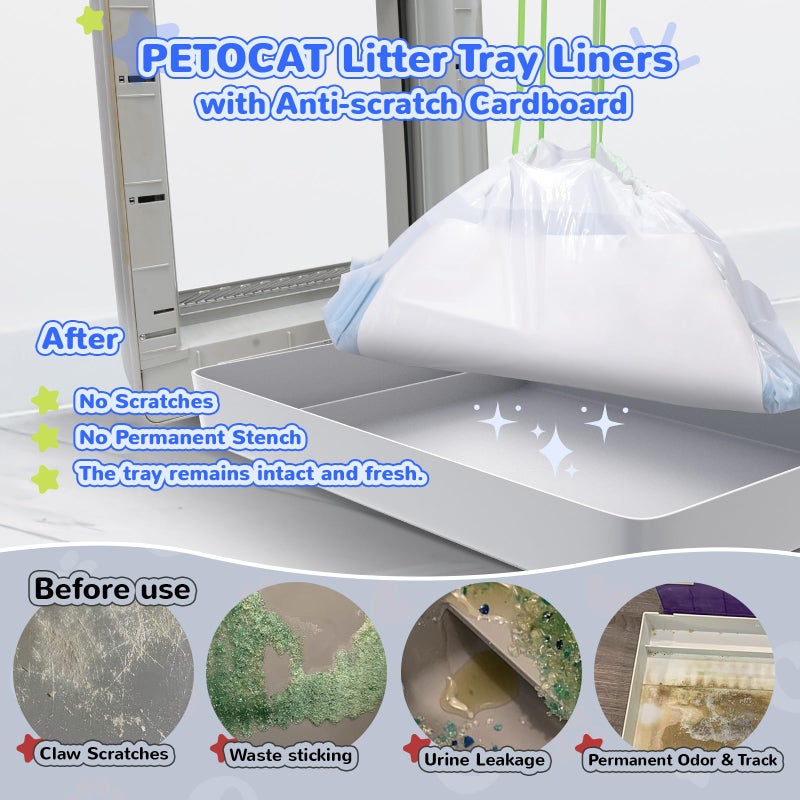 PETOCAT Cat Litter Liners with Anti-scratch Cardboard for Pet Scoop Free Self-Cleaning Litter Box, Kitten Waste Bag Compatible with Reusable/Disposable Refill Tray, Large Drawstring Kitty Poop Bags 20 Count - Image 3