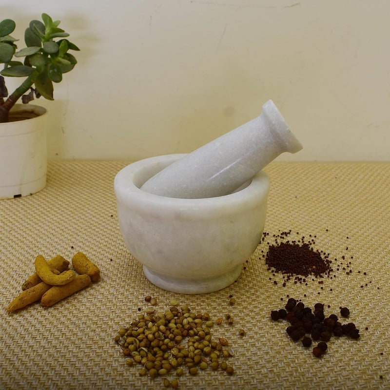 KunhaR Natural White Marble Mortar and Pestle Set Imam Dasta Ohkli Musal Kharal 4 x 25 Inches White Half Polish - Image 2