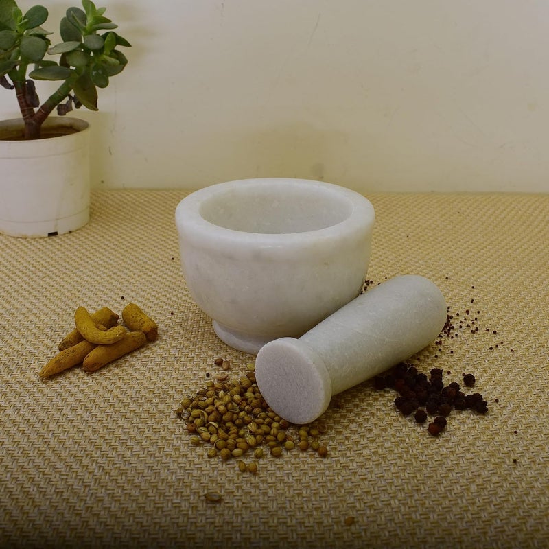 KunhaR Natural White Marble Mortar and Pestle Set Imam Dasta Ohkli Musal Kharal 4 x 25 Inches White Half Polish - Image 1