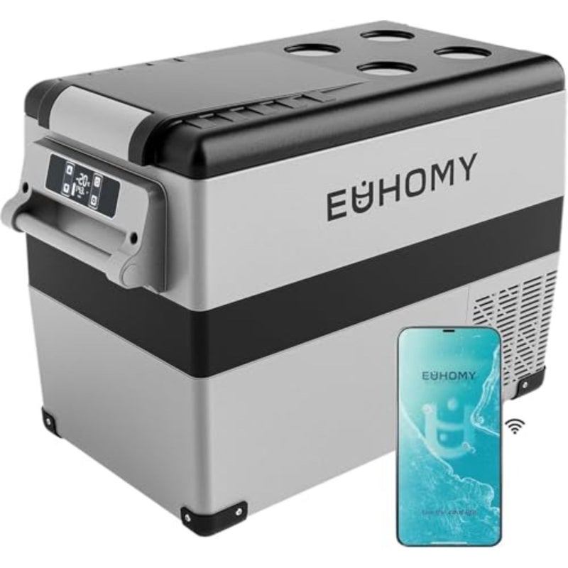 45L car refrigerator for camping/travel/home/truck/RV/boating, aluminum alloy body, black, dual-zone temperature control from -20C to 20C with APP connectivity and ergonomic handle - Image 1