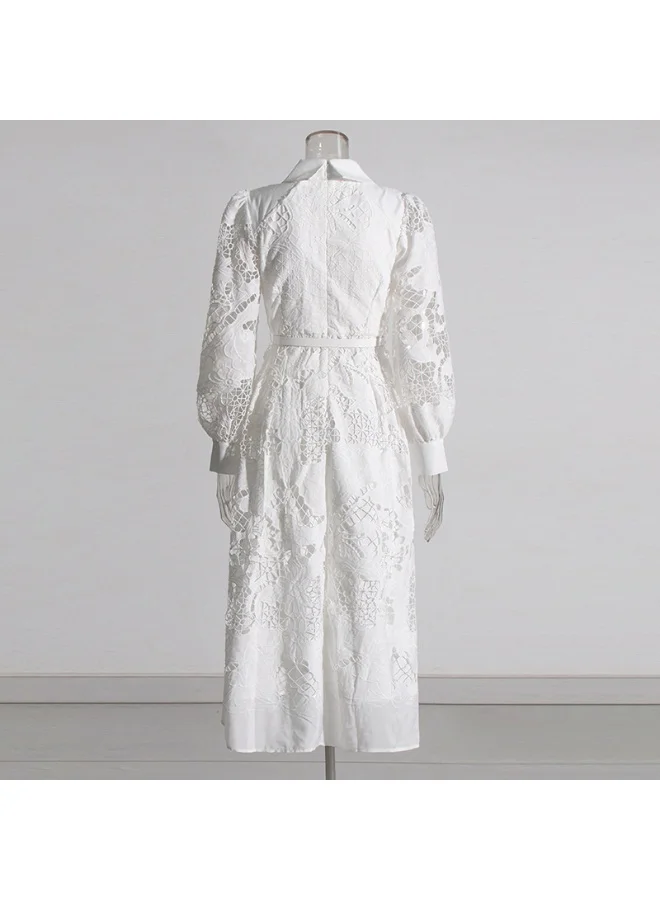 Madam Uniq Ivory Embroidered Midi Dress with Puff Sleeves and Belt