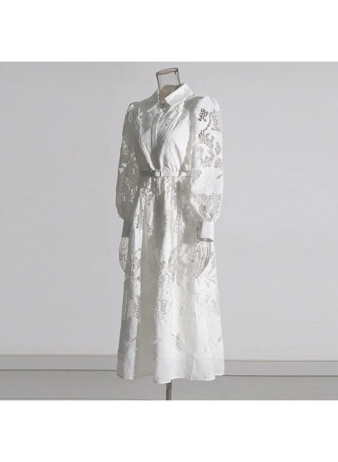 Madam Uniq Ivory Embroidered Midi Dress with Puff Sleeves and Belt