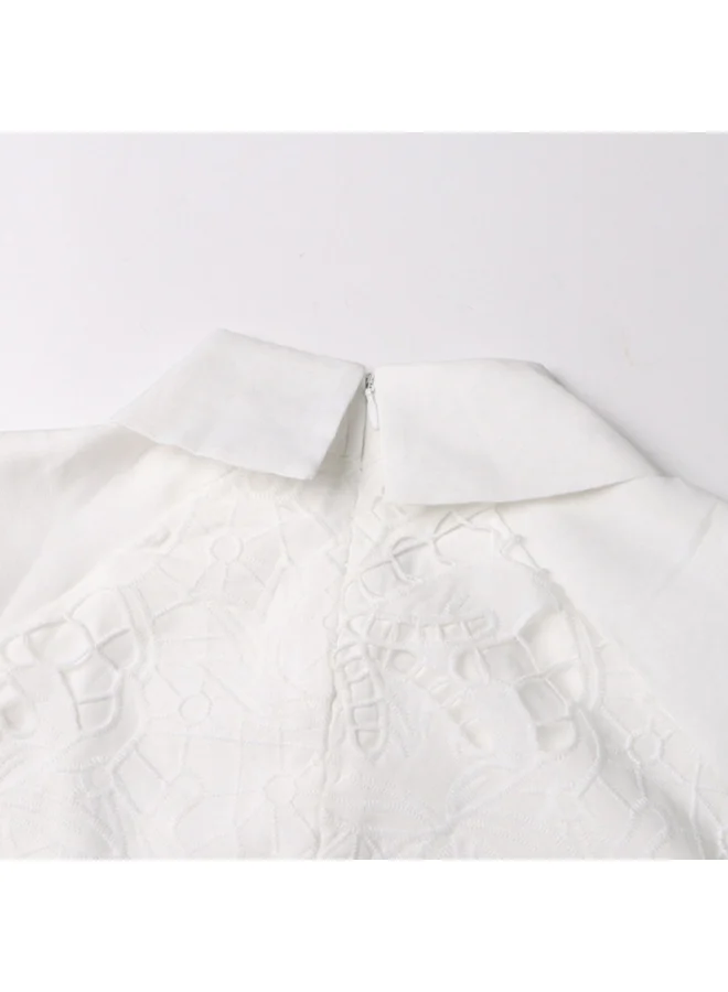 Madam Uniq Ivory Embroidered Midi Dress with Puff Sleeves and Belt