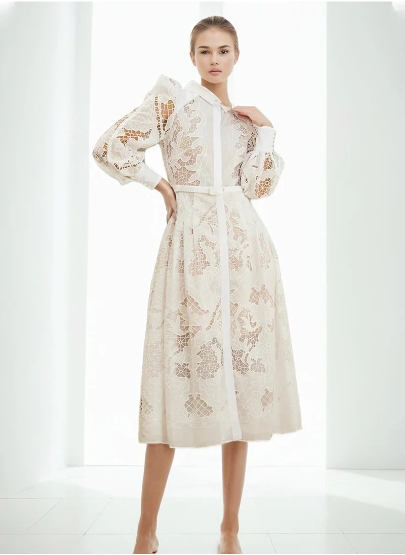 Madam Uniq Elegant Embroidered Long Dress with Lantern Sleeves and Tie Waist for Women