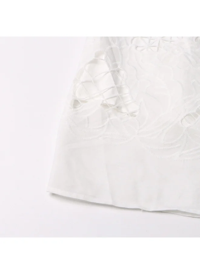 Madam Uniq Ivory Embroidered Midi Dress with Puff Sleeves and Belt