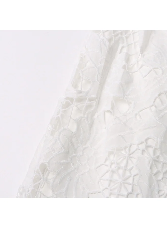Madam Uniq Ivory Embroidered Midi Dress with Puff Sleeves and Belt