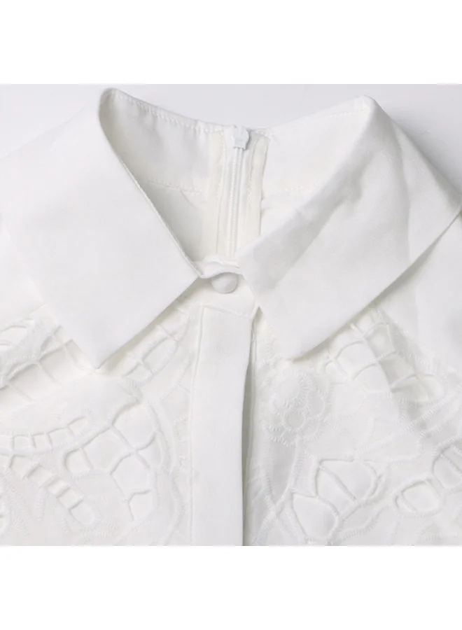 Madam Uniq Ivory Embroidered Midi Dress with Puff Sleeves and Belt