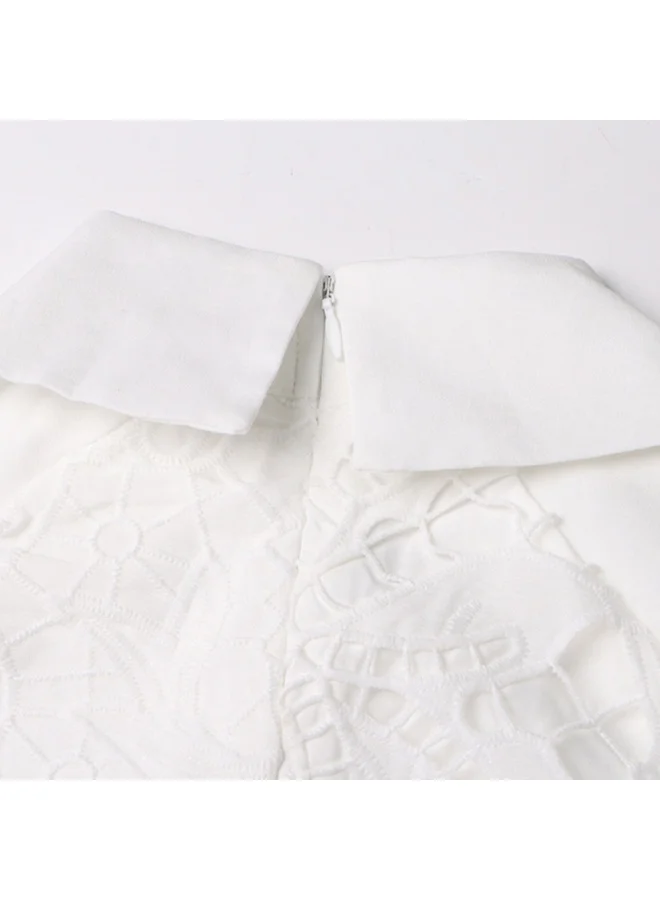 Madam Uniq Ivory Embroidered Midi Dress with Puff Sleeves and Belt