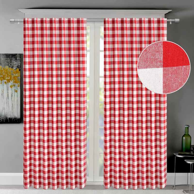 Light & Pro Light & Pro Buffalo Back Tab Plaid Check Cotton Curtains Red and White  Gingham Check Window Treatment D?cor Panels for Nursery Kitchen Bathroom Living Dining Room - 2 Panels - 50x72 Inch - Image 1