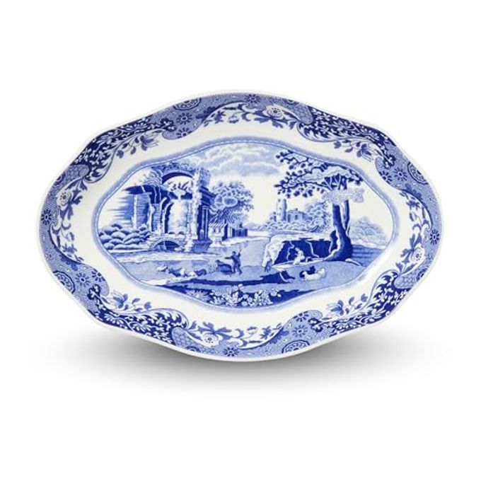 Spode Blue Italian Pickle Dish - 8.5" Porcelain Appetizer Tray with Scroll Border & Countryside Artwork - Elegant Small Serving Piece for Entertaining & Dining Displays - Great Gift for Collectors