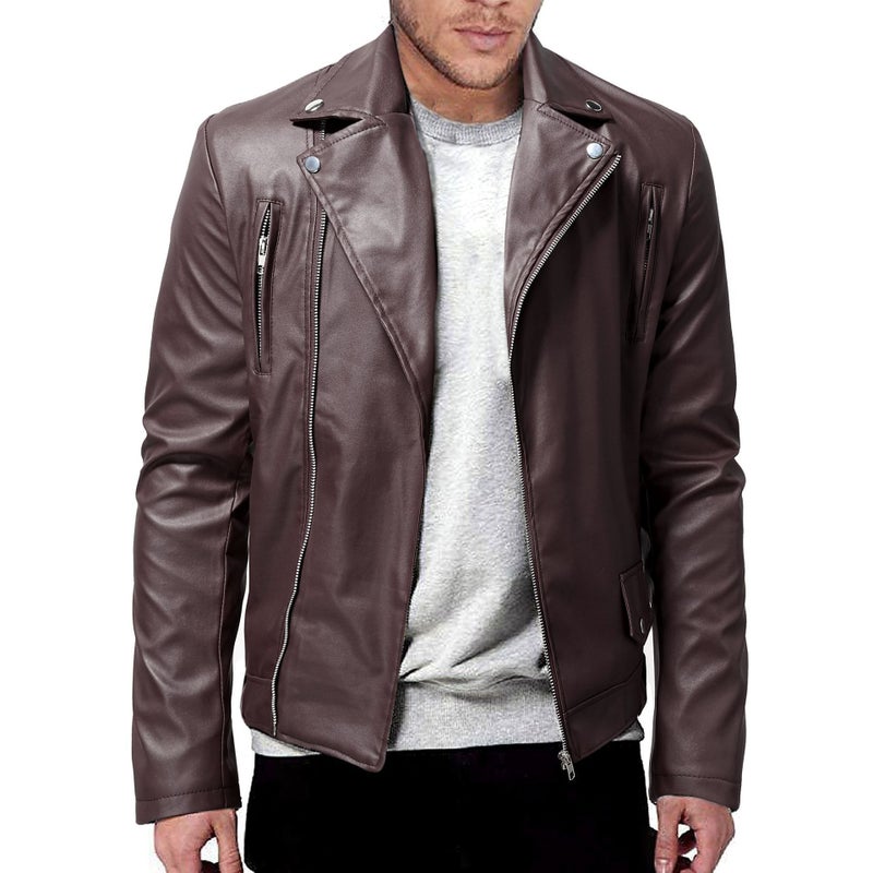 Men's Slim Fit PU Leather Biker Jacket with Lapel Collar - Image 3