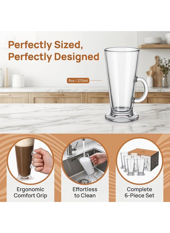 WUWEOT 6 Pack Irish Coffee Mugs, 9 OZ Clear Coffee Cups, Glass Coffee Glasses with Convenient Handle for Coffee, Tea, Water, Juice, Beer, Milk Hot And Cold Drinks - Image 5