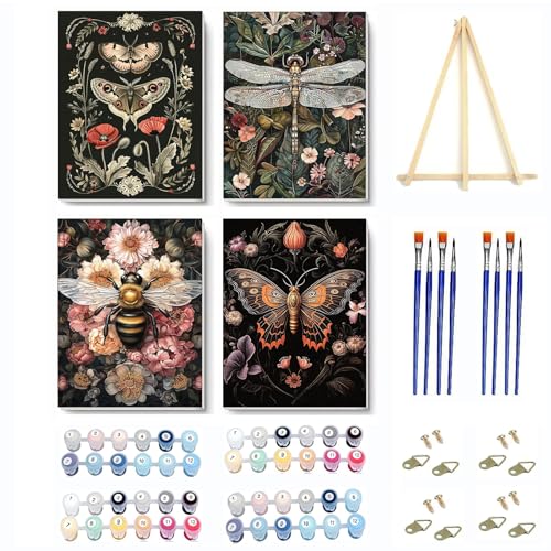 Kaixine 4 Pack Insect Paint by Numbers Kit for Adults Beginner with Frame,Dragonfly Moth Bee Butterfly Paint by Number with Wooden Easel DIY Landscape Adult Paint by Number Kits for Home Decor 9x12inch - Image 1