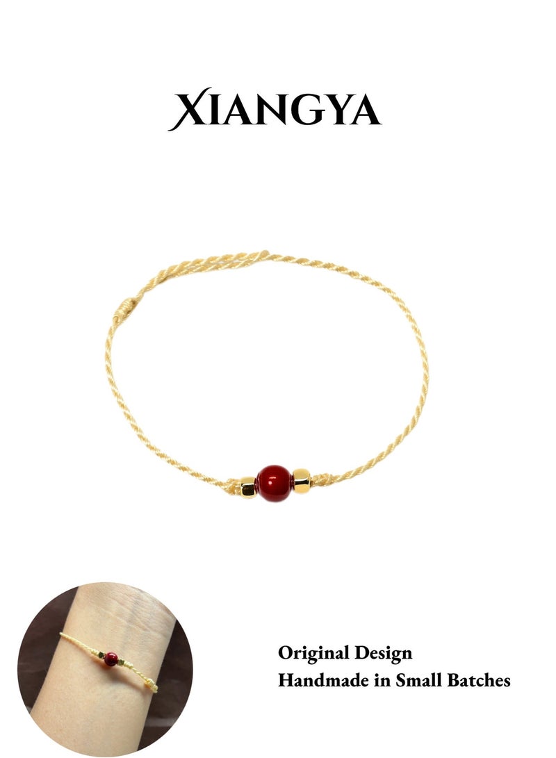 XIANGYA Rope Bracelet Beige String Bracelet for Women, Friend Bracelet, Adjustable Minimalist Rope with Red Round Glass Bead & Gold Accents, Handmade Everyday Bracelet Gift - Image 1